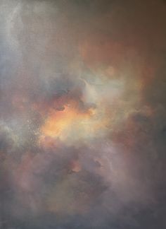 an abstract painting with many colors and clouds in the sky, including oranges, yellows, and browns