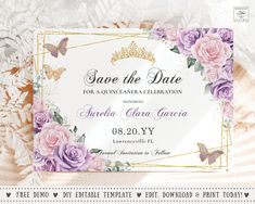 save the date card with purple flowers and butterflies on white paper, surrounded by lace