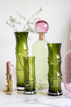 Lifestyle image of the Green Glass Bamboo Vase - 3 Sizes Available Bookcase Console, Bamboo Vase, Rockett St George, Green Glass Vase, Shelf Bookcase, Dream House Decor, Home N Decor, Inspired By Nature, My Dream Home