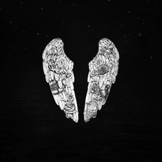 two white angel wings on a black background with space in the background