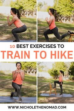 a woman in an orange top doing exercises to train her legs and knees with the words, 10 best exercises to train to hike