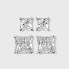 Complete any of your ensembles with a dash of sparkle with this Sterling Silver Cubic Zirconia Duo Square Stud Earring Set - A New Day™ Clear. Constructed from sterling silver, this set of cubic zirconia square studs come in two different sizes — giving you several options to choose from. Showcasing round-cut, clear cubic zirconia stones held secure in a four-prong setting, these brilliant earrings are both simple and elegant to wear. Gender: female. Age Group: adult. Pattern: Solid. Earring Stud Set, Butterfly Earrings Stud, Nickel Free Earrings, Hoop Earring Sets, Square Earrings Studs, Silver Tops, Square Stud, Cubic Zirconia Earrings, Stud Set