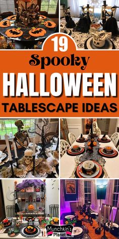 a collage of halloween tablescapes with orange and black decorations