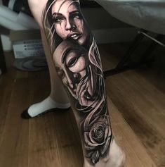 a woman's leg with tattoos on it and roses in the center, as well as an image of her face