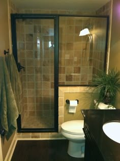 a bathroom with a sink, toilet and shower stall in it's own area