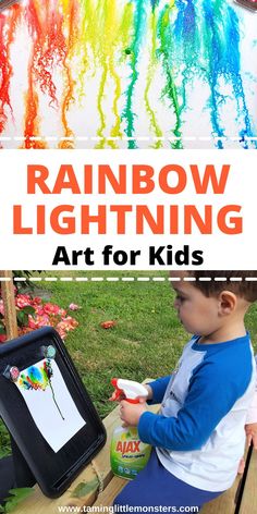 a young boy is painting with rainbow lightening