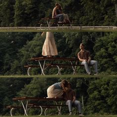 two people sitting on park benches with trees in the background and one person holding his head