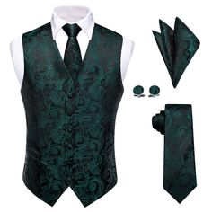 Sleeveless Wedding Waistcoat Paisley Dark Green Vest Tie Set Roaring 20s Costumes, Tuxedo Wedding Party, 1920s Mens Costume, Suit Vest For Men, Waistcoat Outfit, Bridgerton Party, 1920s Looks, Wedding Waistcoats, Men Waistcoat