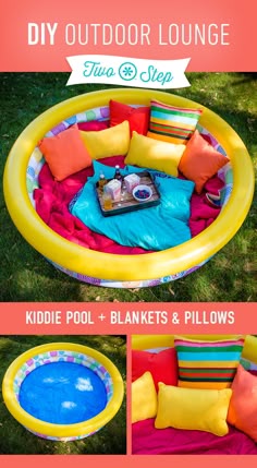 an inflatable pool with lots of pillows on it and some other things inside