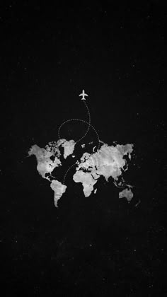 an airplane is flying over the world in black and white, with stars around it