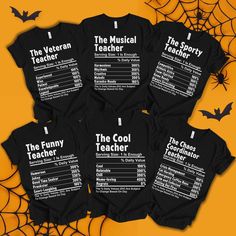 Fuel your work party fun with our Nutritional Facts Teacher Halloween Shirts Shirt! Perfect for whole school. This customizable shirt is ideal for DIY Halloween group costumes, making it the ultimate matching Halloween shirt for your team🎉👔 ------------------------------------------------------------------------------------------------------ 1. MAKE SURE THAT YOU HAVE READ ALL PERTINENT INFORMATION AND YOU HAVE SCROLLED THROUGH ALL OF THE PHOTOS. 2. ONCE THAT HAS BEEN COMPLETED, PICK YOUR SHIR Teacher Tshirt Halloween Costumes, Fall Teacher Shirts Funny, Special Education Halloween Costumes, Tired Teacher Costume, Funny Character Print T-shirt For School, Customizable Fun Black T-shirt, Funny Pre-shrunk Shirt For Halloween, Black Tops For End Of School Year Events, Black Cotton Shirt For School Events