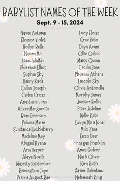 the babylist names of the week are shown in black and white with daisies