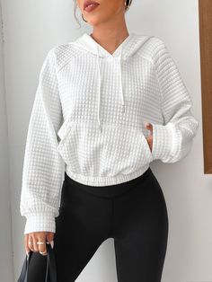 White Casual Collar Long Sleeve Fabric Plain Pullovers Embellished Slight Stretch Winter Women Clothing Waffle Sweater, Loose Pullover, Sleeves Clothing, Pull Sweat, Short En Jean, Drawstring Hoodie, Hoodies For Sale, White Casual, Sleeves Pattern