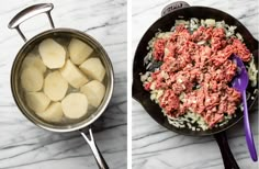 two pictures side by side one has meat and the other has onions in it with a spoon