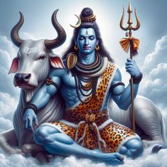 there is a painting of the hindu god sitting in the clouds with his cow and holding a staff