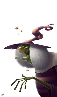 an animated character in a wizard hat and purple outfit, with bees flying around him