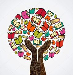 hands holding books in the shape of a tree with colorful boxes on it's branches