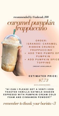 an advertisement for the caramel pumpkin frappeccino