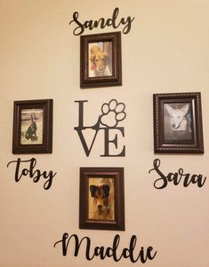 the wall is decorated with pictures and sayings for dogs, cats, and other animals