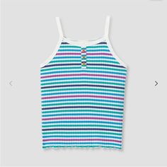 Girls Ribbed Tank Top With Stripes And Buttons Casual Purple Ribbed Top, Purple Ribbed Tops For Summer, Purple Ribbed Summer Tops, Summer Ribbed Purple Tops, Summer Purple Ribbed Tops, Playful Fitted Purple Tops, Playful Blue Tank Top For Spring, Playful Fitted Blue Tops, Multicolor Ribbed Tops For Summer