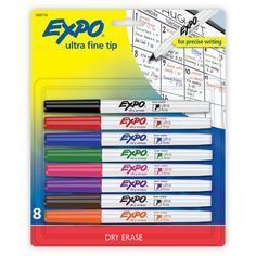 expo extra fine tip dry erases in assorted colors, 8 count each pack