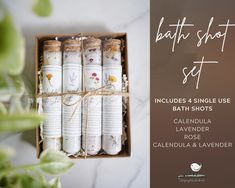 Give the gift of self care! The perfect gift for friends, family, teachers, neighbors or yourself! Pour the contents of a bath shot into a warm bath, and have a relaxing night of pampering. IDEAS Gift the whole set or divide them up and use as stocking stuffers or part of a gift. This is a great idea if you have multiple teachers, friends or neighbors to gift to. INCLUDED 4 bath shots in elegant glass tubes with cork stoppers. Inside each tube is a blend of pure, high grade Epsom Salt and dried organic flowers: * Calendula * Lavender * Rose * Lavender/Calendula Mix DETAILS * Small, mom-owned business in Kent, OH. All products and labels are handmade and created by the owner, therefore, no two items will ever be exactly alike. * This is a physical product and contains 4 single use products. Minimalist Self Care, Bath Shots, Pampering Ideas, Rose Minimalist, Relaxing Night, Bath Bomb Recipes, Glass Packaging, Relax Spa, Natural Bath