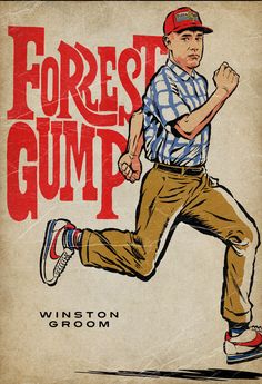 an old book with a man running and the title forrest gump written in red