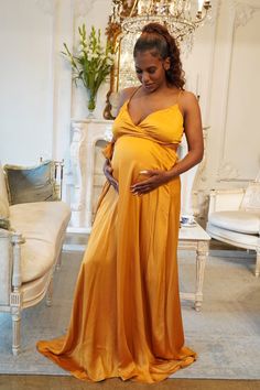 Satin Golden Yellow spaghetti strap style Maternity Wrap Gown Satin Maternity Dress, Pregnancy Photos Ideas, Yellow Maternity Dress, Pink Maternity Gown, Maternity Evening Gowns, Lace Maternity Gown, Maternity Dresses For Baby Shower, Blue Champagne, Pregnant Lady