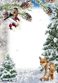 a fox and a bird are standing in the snow with pine cones on it's branches