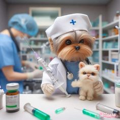 a small dog dressed as a veterinarian with a kitten in front of it