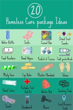 a poster with the words homeless care package ideas on it and pictures of different items