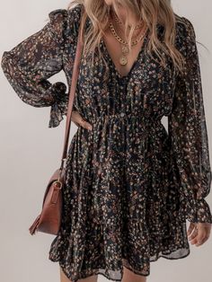 Elegant Black Floral Print V-Neck Puff Sleeve Mini Dress with Ruffles Flounce Sleeve Dress, Black Floral Print Dress, Boho Print Dress, Puff Sleeve Mini Dress, Black Floral Print, Family Pics, Flounce Sleeve, Boho Print, Flowy Dress