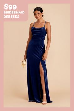 a woman in a blue dress with the words $ 99 bridesmaid dresses on it