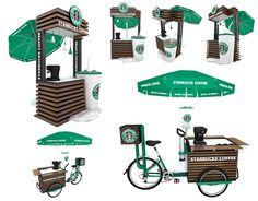 the starbucks coffee cart is made out of wood and has green umbrellas