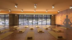 yoga mats are arranged on the floor in front of large windows