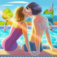 a man and woman sitting next to each other in front of a swimming pool