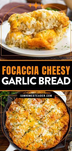 four different types of focaccia cheesy garlic bread with text overlay