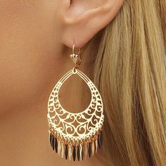 Filigree Cut-Out Chandelier Earrings Gold Plated Fringe Earring Filigree Hanging Dazzling Style Earrings 18k Gold Plated Elegant Hoop Earrings With Dangling Charms, Elegant Yellow Gold Hoop Earrings With Dangling Charms, Rose Gold Dangle Chandelier Earrings, Elegant Metal Earrings With Dangling Charms, Rose Gold Dangle Chandelier Earrings For Pierced Ears, Elegant Gold Chandelier Earrings With Dangling Charms, Chandelier Earrings Gold, Fringe Earring, Gold Chandelier Earrings