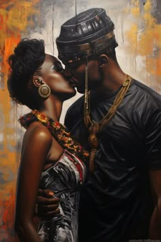 a painting of a man and woman kissing in front of an orange background with gold accents