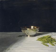 a painting of some green beans in a silver bowl on a white table cloth with a black background