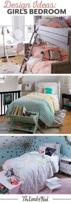 three different views of girls'bedroom with bunk beds, desks and bookshelves