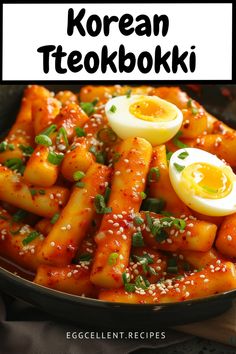 korean tekoboki with boiled egg and sesame seeds in a bowl on a table