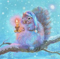 a painting of a squirrel holding a lit candle on a tree branch in the snow