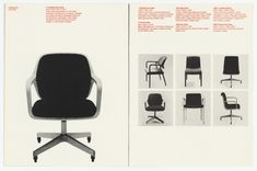 an open book with black and white photos of office chairs, including the eames chair