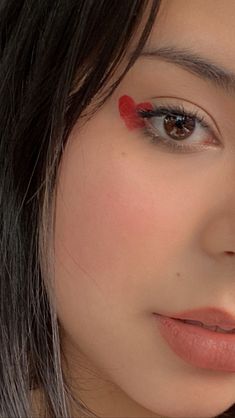 Clean Girl Valentines Makeup, Red Hearts Makeup, Graphic Liner With Gems, Simple Valentine’s Day Makeup, Red Makeup Looks Simple, Halloween Makeup Easy Simple Cute, Heart Make Up, Valentines Makeup Looks Simple, Simple Valentines Makeup