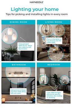 an info sheet describing the different types of lights in a living room, dining room and bedroom