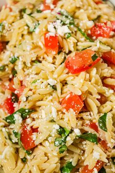 pasta salad with tomatoes, spinach and feta cheese