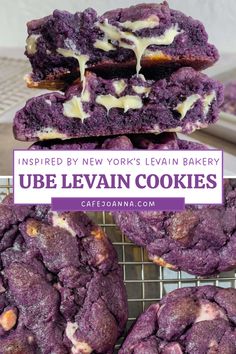 purple lava cookies stacked on top of each other with white chocolate drizzles