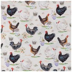 chickens and roosters on a white background with blue, red, black, and orange colors