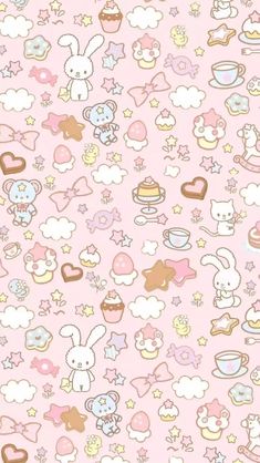 a pink wallpaper with various cartoon characters on it and stars, clouds, and cupcakes